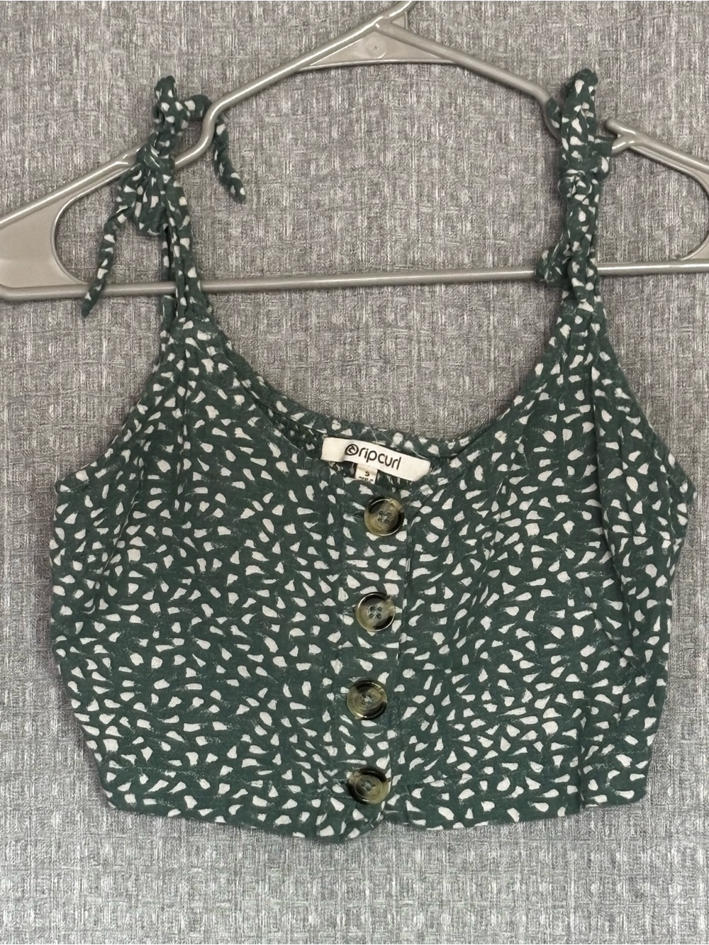 Rip Curl Green White Smocked Crop Top Tie Straps Button Front Size S